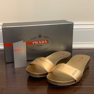 Gold Prada slide sandals